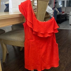 Red, one shoulder, romper.